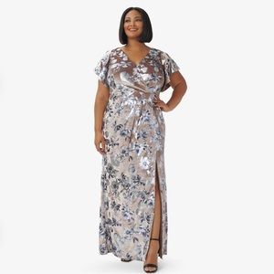 Adrianna Papell | Dresses | Adrianna Papell Plus Size Foil Floralprint  Velvet Long Gown In Taupe 8w | Poshmark